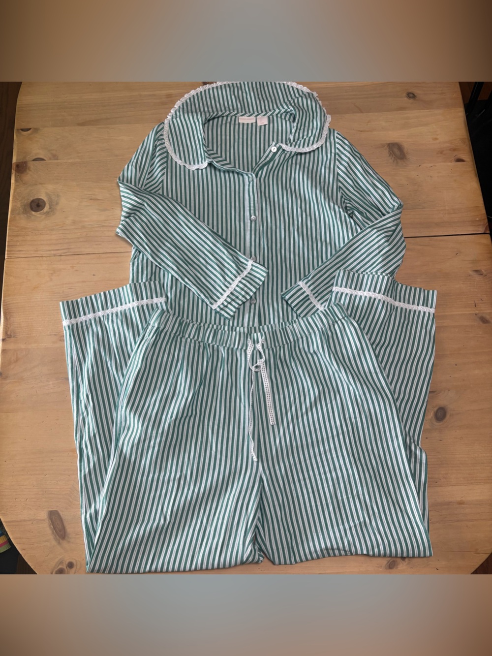 Classic Green Stripe Women’s Pajama Set with White Piping